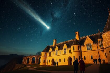 Halley-üstökös megjelenése a Bayeux-i kárpit mögött, csillagos égbolt alatt.