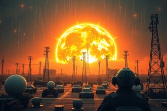 Egy hatalmas napvihar látható a horizonton, figyelőrendszerek közelében.