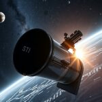 A Hubble űrtávcső a Föld körül, csillagokkal és bolygókkal.