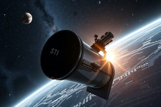 A Hubble űrtávcső a Föld körül, csillagokkal és bolygókkal.