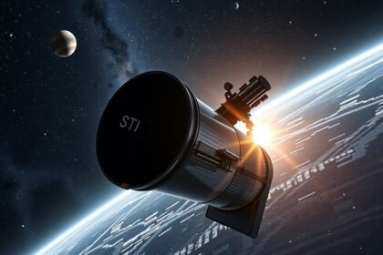 A Hubble űrtávcső a Föld körül, csillagokkal és bolygókkal.