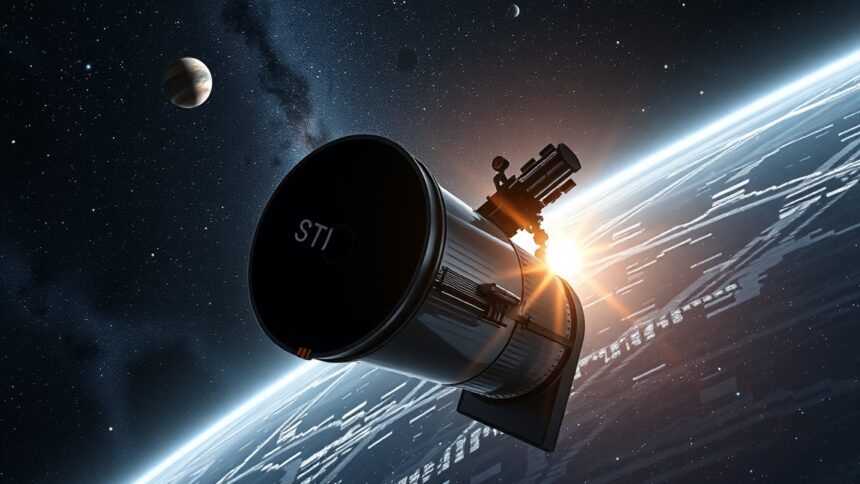 A Hubble űrtávcső a Föld körül, csillagokkal és bolygókkal.