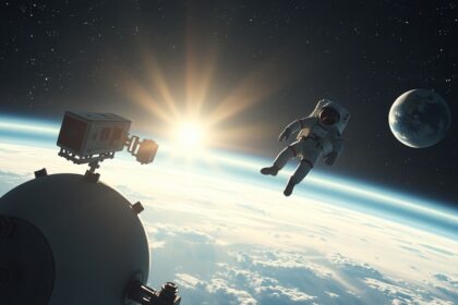 Űrhajós az űrben, Föld és nap háttérben, űrkaland