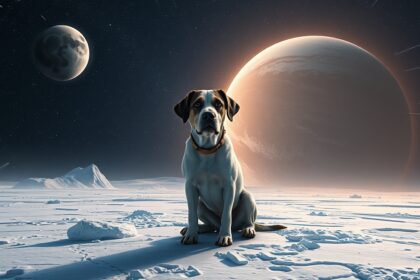 Egy kutya az űrben, a Plútó és más bolygók látványával.