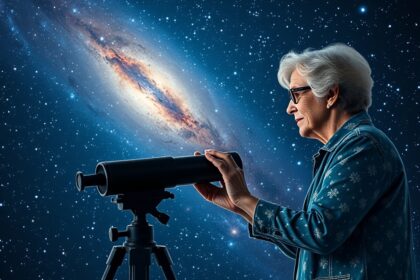 Egy idős nő távcsövet használ a csillagok megfigyelésére.
