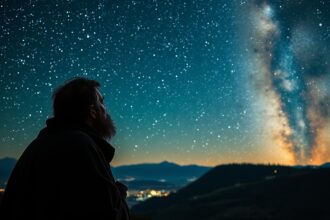 Giordano Bruno figyelmesen nézi a csillagokat az éjszakai égbolton