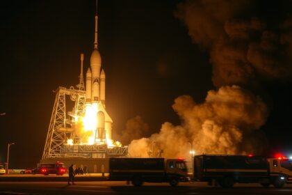 Rakéta indítás a NASA startpadján, tűz és lángok kíséretében.