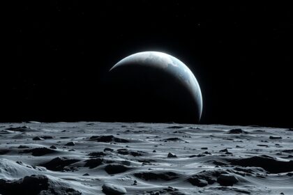 Földkelte fotó a Hold felszínéről, háttérben a Föld