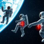 Űrhajósok súlytalan állapotban az űrben, Föld háttérrel.