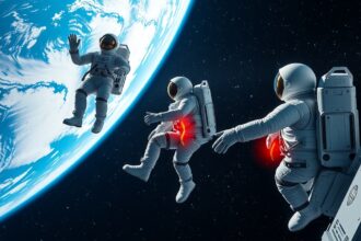 Űrhajósok súlytalan állapotban az űrben, Föld háttérrel.