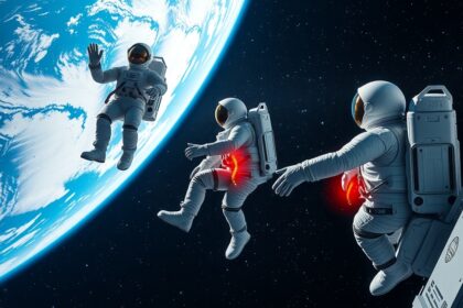 Űrhajósok súlytalan állapotban az űrben, Föld háttérrel.
