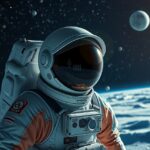 Űrhajós a Hold felszínén, az űrben lebegve.