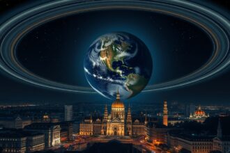 Budapest éjszakai panorámája Föld gyűrűjével az égen