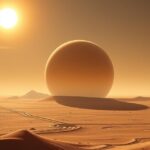 Két Napot ábrázoló sivatagi táj Tatooine stílusában.