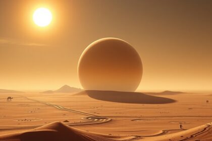 Két Napot ábrázoló sivatagi táj Tatooine stílusában.