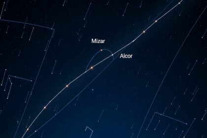 Mizar és Alcor csillagok a Göncöl rúdján éjszakai égbolt alatt