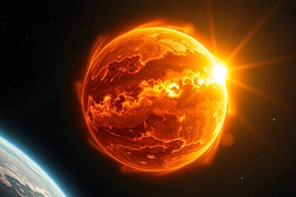 Illustráció az UY Scuti csillagról és Jupiter bolygóról az univerzumban.