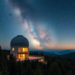 A modern observatory at dusk with a starry sky in Bakonybél