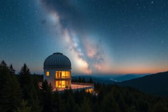 A modern observatory at dusk with a starry sky in Bakonybél