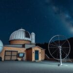 A Gothard Asztrofizikai Obszervatórium modern műszerei és csillagokkal teli égbolt.