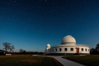 Polaris Csillagvizsgáló épülete csillagos ég alatt Óbudán.