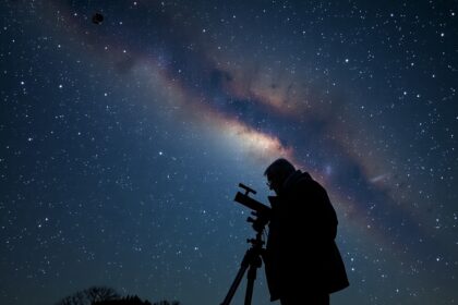 Csillagokat néző amatőr csillagász a teleszkóp mögött