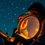 Távcső tükrét tisztító ember csillagos háttér előtt.