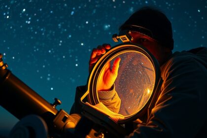 Távcső tükrét tisztító ember csillagos háttér előtt.