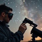 Amatőr csillagász a Bahtinov-maszk segítségével fókuszál a teleszkópon.