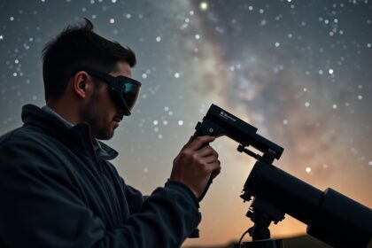 Amatőr csillagász a Bahtinov-maszk segítségével fókuszál a teleszkópon.