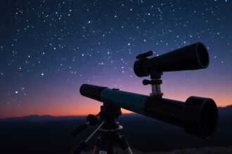 Keresőtávcső a csillagos ég alatt, beállítva a főcsillagra.