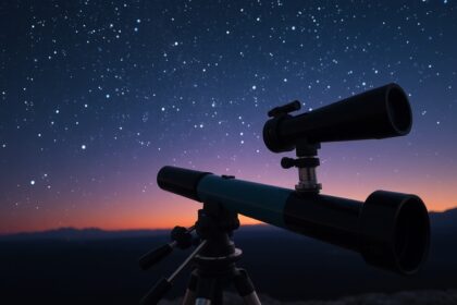 Keresőtávcső a csillagos ég alatt, beállítva a főcsillagra.
