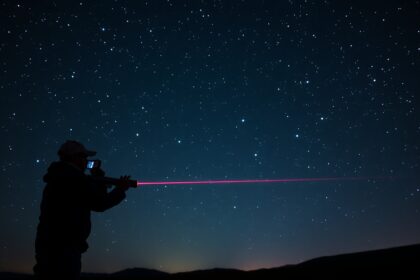 Lézermutató használata csillagok mutatására az éjszakai égbolton.