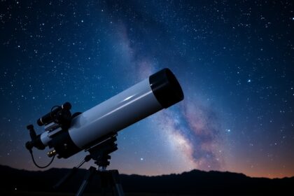 Távcső az éjszakai égbolton a csillagokkal