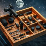 Okulártartó tálca különböző optikai eszközökkel a csillagos ég alatt.