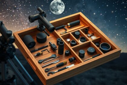 Okulártartó tálca különböző optikai eszközökkel a csillagos ég alatt.