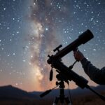 Férfi Newton-távcsővel csillagokat figyel az éjszakai égbolton.