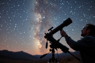 Férfi Newton-távcsővel csillagokat figyel az éjszakai égbolton.