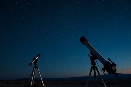 Két távcső csillagos ég alatt, megfigyelésre készen.