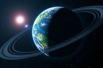 Digitális ábrázolás a Földről gyűrűs bolygó környezetében.