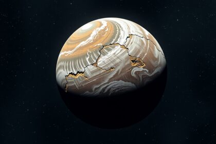 Kép egy szuperföldről, jellemző kőzeti és atmoszférikus elemekkel.