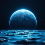 Egy víz alatti bolygó elképzelése űrben, sötét háttérrel.