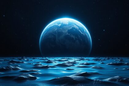 Egy víz alatti bolygó elképzelése űrben, sötét háttérrel.