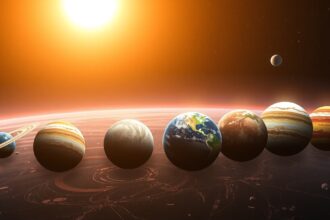 A Naprendszer nyolc bolygója a Nappal a háttérben.