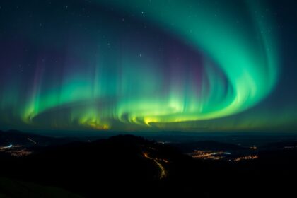 Sarki fény látvány, zöld és lila színnel az égen
