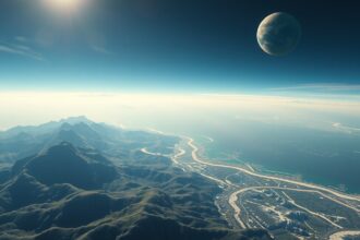 Látványos táj Kepler-22b óceánbolygó felett, amelyen élet nyomai találhatók.