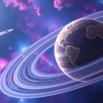 Fantázia ábrázolása egy vattacukor-bolygóról gyűrűkkel az űrben.