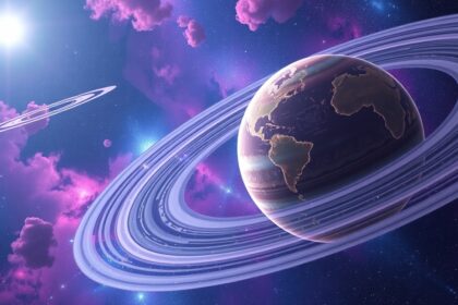 Fantázia ábrázolása egy vattacukor-bolygóról gyűrűkkel az űrben.