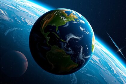 A Föld és egy másik bolygó a világűrben.