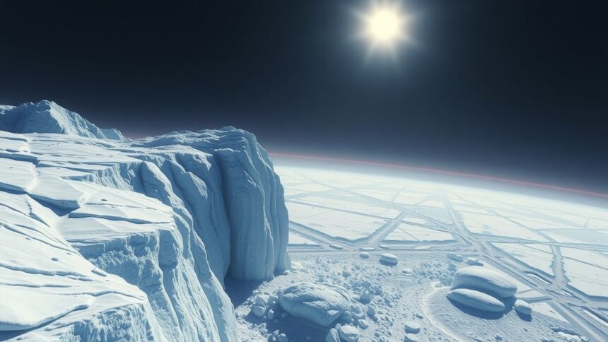 A Kepler-62f szuperföld felszíne jégtakaróval borítva, csillagfénnyel megvilágítva.